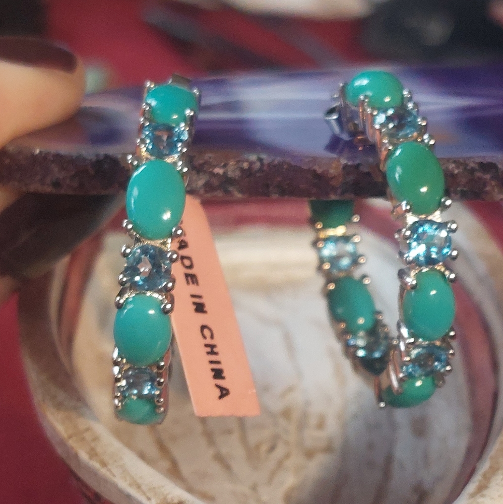 Genuine Turquoise hoop earrings sterling silver